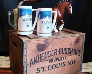 Anheuser Busch Budweiser Wooden Beer Crate and Memorabilia, Solo Cups 