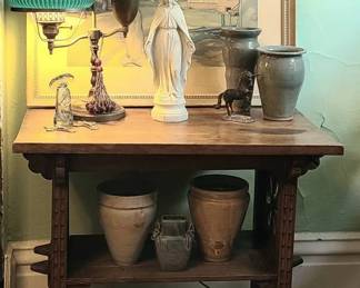 Antique Table, Lucioni Print, Lamp, Religious Items, Pottery