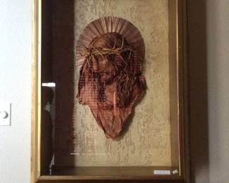 Leather Art Sculpture with Frame in glass case - Jesus Christ - three dimensions. 