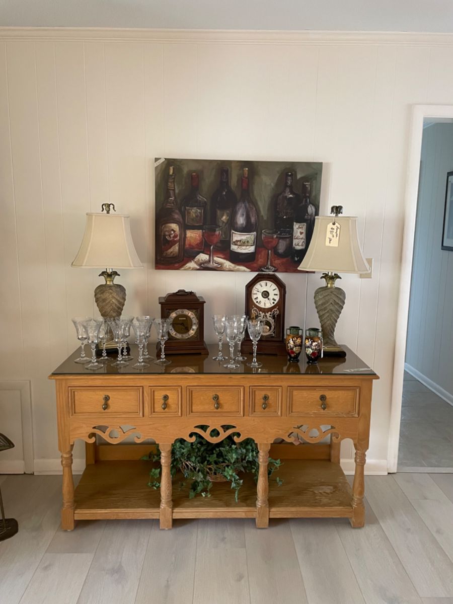Vintage console/buffet with custom glass topper, lower shelf.    