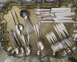 Silver plate flatware set #2 and large silver plate tray