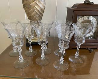 Cambridge “Chantilly”.   8 Antique etched wine glasses