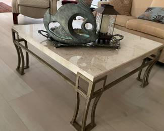 Square metal and marble top coffee table with two matching side tables