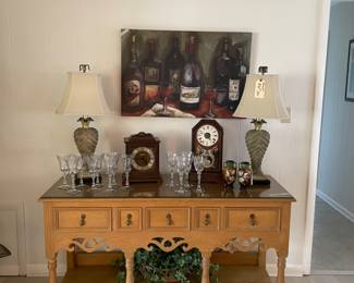Vintage console/buffet with custom glass topper, lower shelf.    