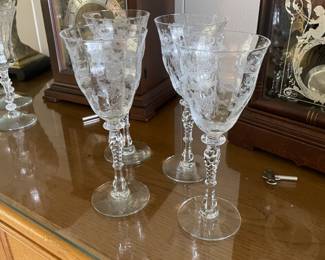 Tiffin “Franciscan”.  4 antique etched wine glasses