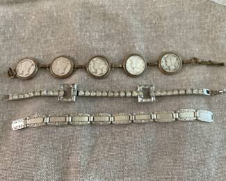 Silver dimes ca. 1942, vintage rhinestone, sterling link braclets