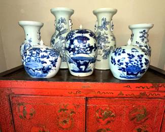 Some of the blue and white antique Chinese - antique Chinese red cabinet is NOT for sale . 