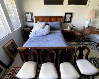 Bed, 4 antique chairs, nightstands