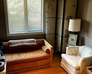 Hide-a-bed, mid century room divider, lamp table, upholstered chair