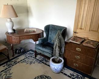 Desk, wing back chair, campaign chest