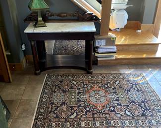 Marble top table, slag lamp, rug