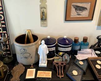 Great antique 3 gallon clock, Reading Hardware advertisiung plaque, porcelain and glass apothecary jars, Herend Messiah figurine, intaglios