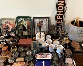 Paperweights, Bernard Buffet Collectors Guild litho, antique telephone sign, shaving mugs, billhooks, Hopi Pueblo tile, bell pull, marble candlesticks and obelisk