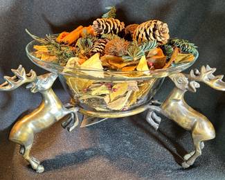 Vintage Brass 3 Reindeer Holder with Clear Glass Bowl 