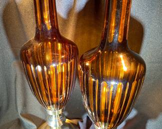Pair of Very Large Amber Glass Vases with Brass Bases