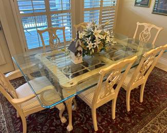Lexington Whitewashed Wood/Glass Chippendale Style Dining Table with Six Chairs