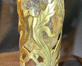 Crackle Glass Candle Holder with Brass Stand