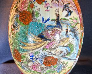 Vintage Porcelain Satsuma-Style Hand Painted Peacock Egg  On Wooden Display Stand