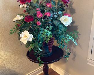 Large Faux Flower and Potted Plant Arrangements / Scalloped Edge Side Table (Two Available)