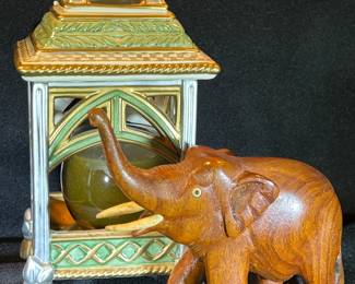 Hand Carved Wooden Elephant Figurine/ Porcelain Votive Candle Holder