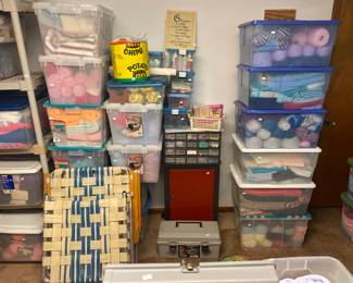 lawn chair, crochet thread, yarn, storage bins, containers