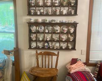 teacup collection and rack, ‘toy’ high chair, vintage white board, tableclothss