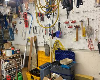 Small tools, and boxes, stools, wheelbarrow 