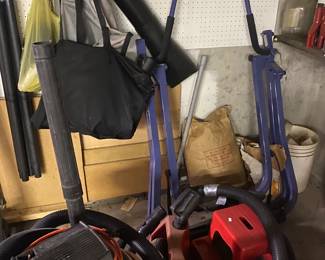Shop vac, rolling stool, exercise equip.