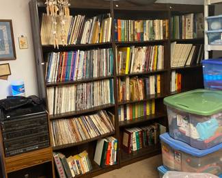 magazines and books, shell hanging decor,  exercise ball, stereo, and more fabric