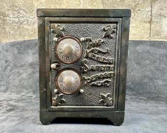Antique Victorian iron safe, "The Keyless Safety Deposit Bank" in good working condition with lock combination included.