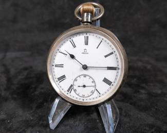 Vintage Omega silver winding pocket watch in working condition. 50.5mm case size and approx. weight of 96.48 grams.