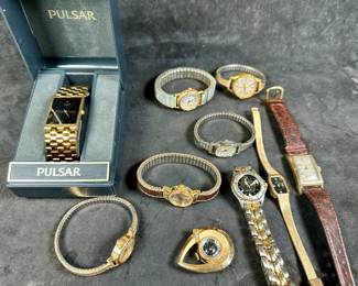 This lot features ten assorted vintage watches. Some makers include Pulsar, Waltham, Timex & more. Most appear to be quartz and will at least require new batteries to function properly.
