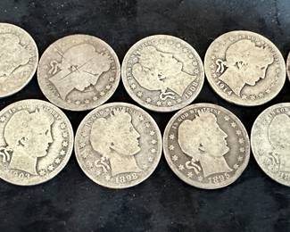 Twelve Barber Quarters: 1903 O, 1908 D, 1909 D, 1914 D, 1894 S, 1905 S, 1893, 1893, 1895, 1898, 1903, and 1904. Estimated grades between fair and about good.