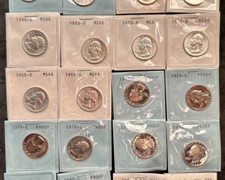 A collection of twenty uncirculated, proof, and silver proof Washington quarters. 1944P MS 66, 1946S MS66+, 8 1955D MS66, 1969S Proof, 1971S Proof, 1973S Proof, 1976S Proof clad, 1977S Proof, 1978S Proof, 1979S Proof, 1980S Proof, 1992S silver proof, and 1993S silver proof. All coins are in protective coin flips.