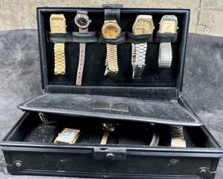This lot features ten assorted vintage watches, a pocket watch & a hard case for travel or watch storage. Some of the watch makers include Seiko, Timex, Westcox, Casio & more.