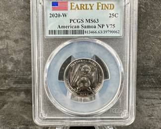 A 2020 W 25C America Samoa NP V75, professionally graded by PCGS at an MS63. Held in an Early Find PCGS slab.