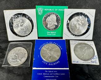 Five .925 silver Central American and Caribbean Games commemorative 5 Balboa coins, one Proof .925 silver 1978 75th Anniversary 1 Balboa coin, and one .500 1981 Vasco Nuñes De Balboa 1 Balboa coin.