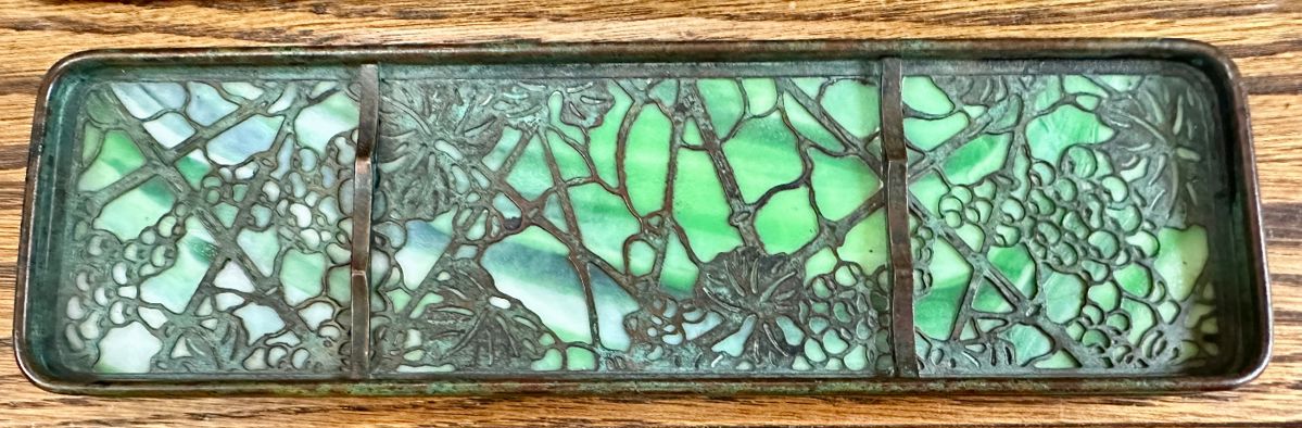 Louis Comfort Tiffany(  LCT) Slag Glass and Bronze Grapevine Favorite Pen Tray 