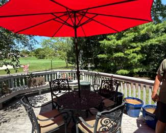 Round Patio Aluminum Cast Table and 4 Chairs with Umbrella and Stand