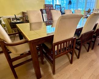 Henredon Dining Room Table and 10 Upholstered Chairs, Include 2 Leaves