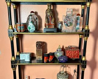 Everything on the shelf is available except small white and Red Vase in lower left.  Sold during our online Pre-Sale