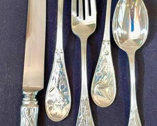 Tiffany & Co. Audubon 925 Sterling Flatware 104 pc in total.  Includes: 16 each of Dinner Knives, Dinner Forks, Salad Forks, Teaspoons; 8 soup spoons; 15 butter spreaders; 10 appetizer or seafood forks; and the following serving pieces- a pie server, spreader, meat fork, cold fork, 2 serving spoons, and a soup ladle.  