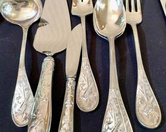 Tiffany & Co. Audubon 925 Sterling Flatware 104 pc in total.  Includes: 16 each of Dinner Knives, Dinner Forks, Salad Forks, Teaspoons; 8 soup spoons; 15 butter spreaders; 10 appetizer or seafood forks; and the following serving pieces- a pie server, spreader, meat fork, cold fork, 2 serving spoons, and a soup laddle.  