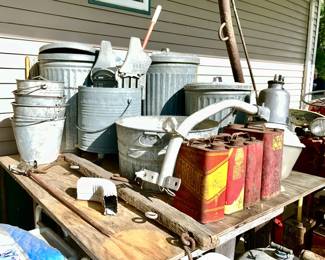 Galvanized pails, trash cans, wash tub, vintage oil cans, etc.