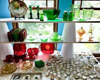 Depression and MCM glassware, porcelain open salts, set of three silhouette ashtrays in box