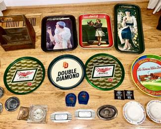 Vintage beer and soda, trays, advertising ashtrays