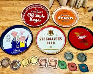 Vintage beer and soda, trays, advertising ashtrays