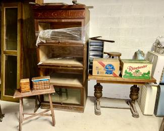 Lawyer's stackable cabinet, misc. furniture pieces, some rough and would make great project pieces, 