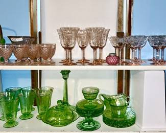 Depression glass in pink and green uranium 