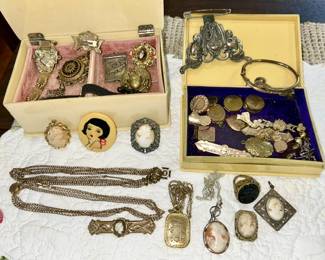 Antique gold plated and sterling silver jewelry, cameos, etc.